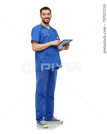 smiling doctor or male nurse using tablet computer smiling doctor or male nurse using tablet computer 78767258