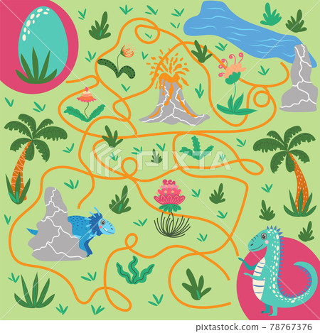 Help dinosaur find path to nest. Labyrinth. Maze game for kids. Help dino moms to find their eggs kid learning game with maze. 78767376