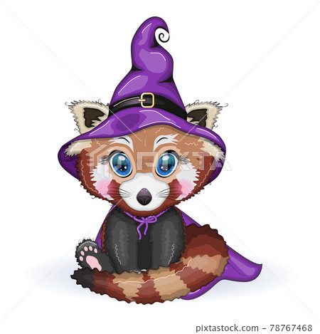 Cartoon red panda in a purple witch's hat and cloak. Halloween 78767468