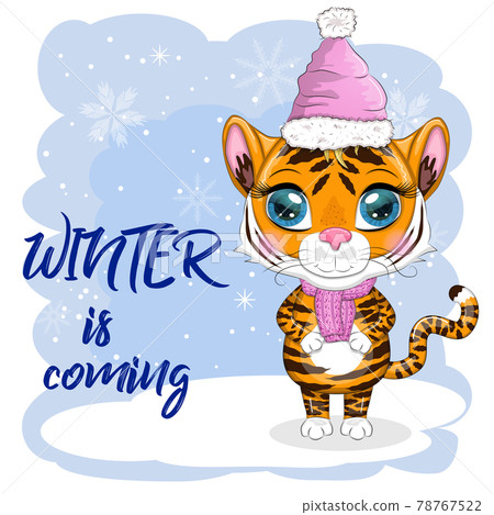 Cartoon tiger in a hat and scarf on a winter background, Winter is coming. Children's stylistics, cute. Symbol of 2022 New Year 78767522