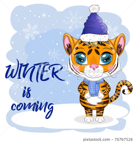 Cartoon tiger in a hat and scarf on a winter background, Winter is coming. Children's stylistics, cute. Symbol of 2022 New Year 78767526
