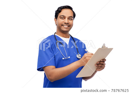 male doctor writing medical report on clipboard 78767625