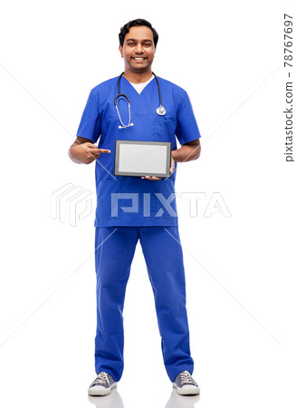 happy doctor or male nurse showing tablet computer 78767697