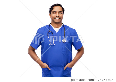 happy indian doctor or male nurse with stethoscope happy indian doctor or male nurse with stethoscope 78767702