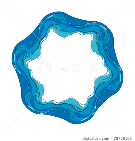 Circle frame with blue and turquoise waves with white tribal pattern and copy space. Vector template of the ocean and rivers. Round wreath with a sea ornament. Circle frame with blue and turquoise waves with white tribal pattern and copy space. Vector template of the ocean and rivers. Round wreath with a sea ornament. 78768196