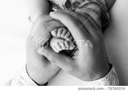 The father holds the bare feet of the newborn on a white background. Tiny legs in the hands of a man. Family, parents and homework concept. Health care, pediatrics. Black and white photography. 78769359