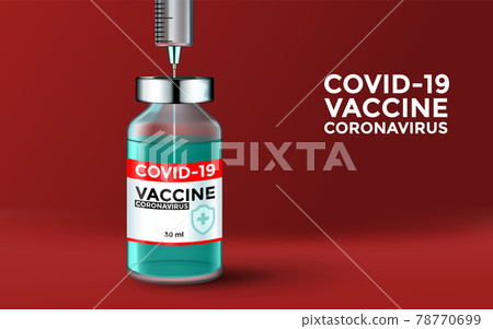 Coronavirus vaccine vector background. Covid-19 corona virus vaccination realistic 3d vaccine bottle syringe injection tool for covid19 immunization treatment. Vector illustration red background. Coronavirus vaccine vector background. Covid-19 corona virus vaccination realistic 3d vaccine bottle syringe injection tool for covid19 immunization treatment. Vector illustration red background. 78770699