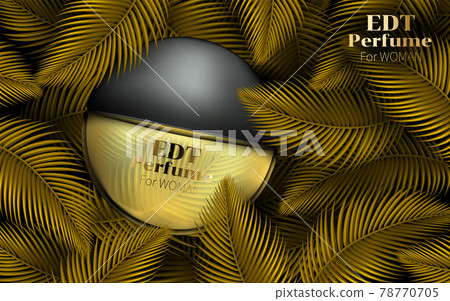 Cosmetic perfume gold tropic bottle design template. Summer beauty advertising female spray container perfume. Cosmetic perfume gold tropic bottle design template. Summer beauty advertising female spray container perfume. 78770705