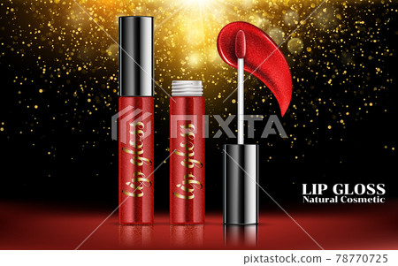 Attractive red lip gloss ads, sticky and glossy liquid texture with transparent glass container in vector design illustration. Attractive red lip gloss ads, sticky and glossy liquid texture with transparent glass container in vector design illustration. 78770725
