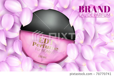 Design cosmetics product advertising for catalog magazine. Vector design of perfume bottle package. advertising poster. with rose pink petals. 78770741