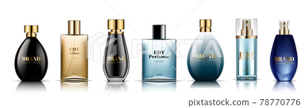 Man Perfume glass bottles various shapes caps color 3d realistic set on white background isolated. vector illustration 78770776