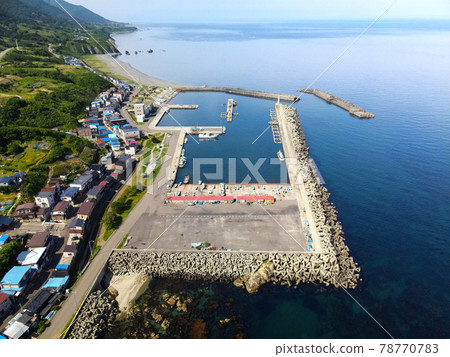 Aerial view of Shiofuki fishing port in Kaminokuni, Hokkaido in early summer 78770783