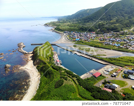 Aerial view of Ishizaki fishing port in Kaminokuni-cho, Hokkaido in early summer 78771047
