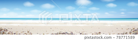 Vector ocean background. Blue sky, ocean, sandy beach and stones. Vector ocean background. Blue sky, ocean, sandy beach and stones. 78771589
