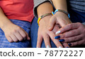 Mother and daughter hand with vaccined label or bracelet after injection 78772227
