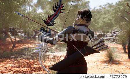 A sweet and brave huntress takes aim from a bow and shoots at her prey on an early sunny morning. Fantasy medieval concept. 3D rendering 78772979