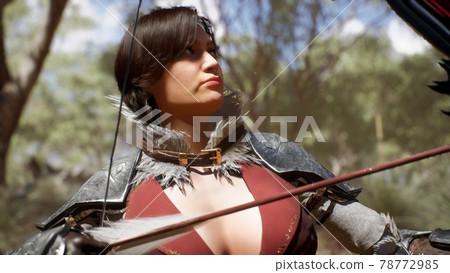 A brave and sweet huntress takes aim with a bow and shoots at her prey. The girl was created using 3D computer graphics. 3D rendering. A brave and sweet huntress takes aim with a bow and shoots at her prey. The girl was created using 3D computer graphics. 3D rendering. 78772985