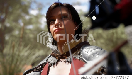 A brave and sweet huntress takes aim with a bow and shoots at her prey. The girl was created using 3D computer graphics. 3D rendering. 78772987