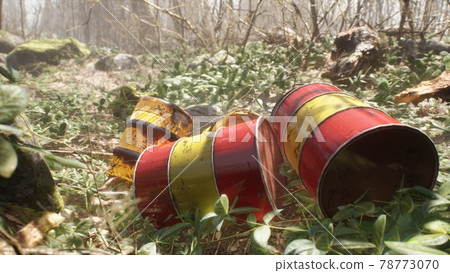 A dump in a green forest from poisonous barrels with chemicals that poison nature and the environment. Polluted environment concept. 3D Rendering. 78773070