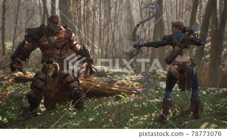 An elven girl archer and a formidable giant orc prepare for battle.. Fantasy medieval concept. 3D Rendering. 78773076