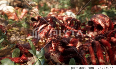 Bloody bones and skulls lie on the battlefield in the middle of the forest. War and apocalypse concept. 3D Rendering. 78773077