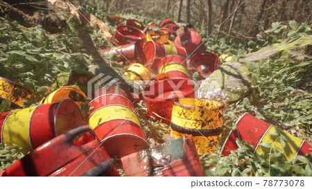 A dump in a green forest from poisonous barrels with chemicals that poison nature and the environment. Polluted environment concept. 3D Rendering. 78773078