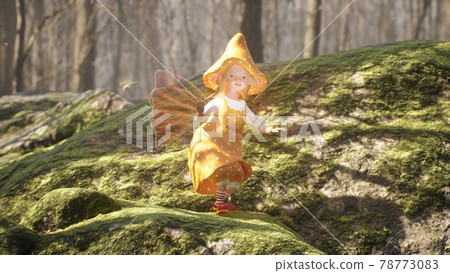 A cute cheerful elf is dancing a fiery dance on a green stone in a summer sunny forest. Fairy elven magic concept. 3D Rendering. 78773083