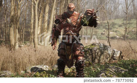 A formidable orc warrior lifts the severed head of a defeated enemy from the ground. Fantasy medieval concept. 3D Rendering. 78773092