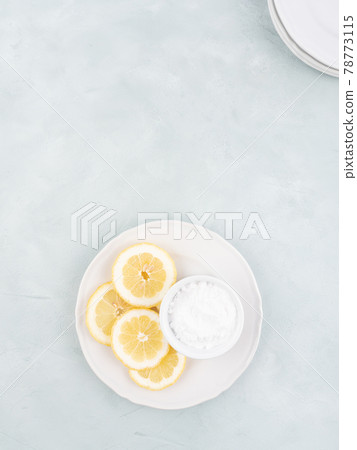 Zero waste plastic free dish house washing natural cleaning products lemon slices and baking soda 78773115