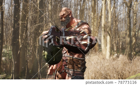 A formidable orc warrior lifts the severed head of a defeated enemy from the ground. Fantasy medieval concept. 3D Rendering. 78773116
