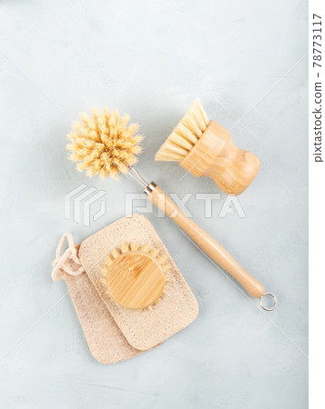 Zero waste plastic free reusable dish house washing wooden brushes as natural cleaning tools 78773117