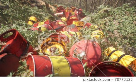 A dump in a green forest from poisonous barrels with chemicals that poison nature and the environment. Polluted environment concept. 3D Rendering. 78773123