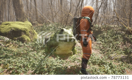 A terrible huge frog grown on pesticides attacks a defenseless biologist studying the forest. Attack of a terrible mutant. 3D Rendering. A terrible huge frog grown on pesticides attacks a defenseless biologist studying the forest. Attack of a terrible mutant. 3D Rendering. 78773131