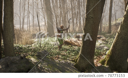 A woman warrior with a bow and arrow prepares to meet the enemy in the sunny forest. Historical medieval concept. 3D Rendering. 78773153