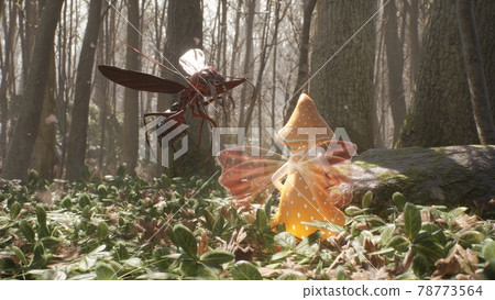 A cute brave elf fights with a magic elven sword with a terrible dangerous flying insect in a summer magic forest. Magic fairy concept. 3D Rendering. A cute brave elf fights with a magic elven sword with a terrible dangerous flying insect in a summer magic forest. Magic fairy concept. 3D Rendering. 78773564