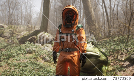 A terrible huge frog grown on pesticides attacks a defenseless biologist studying the forest. Attack of a terrible mutant. 3D Rendering. 78773569