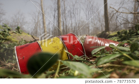A dump in a green forest from poisonous barrels with chemicals that poison nature and the environment. Polluted environment concept. 3D Rendering. A dump in a green forest from poisonous barrels with chemicals that poison nature and the environment. Polluted environment concept. 3D Rendering. 78773570