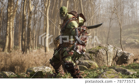 A formidable orc warrior trains before battle and demonstrates combat skills. Fantasy medieval concept. 3D Rendering. A formidable orc warrior trains before battle and demonstrates combat skills. Fantasy medieval concept. 3D Rendering. 78773571