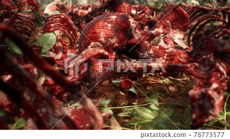 Bloody bones and skulls lie on the battlefield in the middle of the forest. War and apocalypse concept. 3D Rendering. Bloody bones and skulls lie on the battlefield in the middle of the forest. War and apocalypse concept. 3D Rendering. 78773577