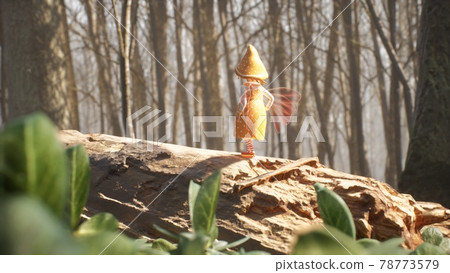 A cute little elf is resting and walking in the summer sunny green forest. Fairy elven magic concept. View of a fairy elf in a forest. 3D Rendering. 78773579