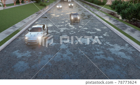 Modern sports cars take part in competitions and rush at high speed along the highway. A modern car drives fast on an asphalt road. The image is for sport or auto backgrounds. 3D Rendering. Modern sports cars take part in competitions and rush at high speed along the highway. A modern car drives fast on an asphalt road. The image is for sport or auto backgrounds. 3D Rendering. 78773624