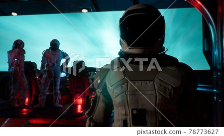 The astronaut leave the control room and walk along the corridor of the interstellar spacecraft. The image is for fantastic or space travel backgrounds. Astronaut in a spaceship. 3D Rendering. The astronaut leave the control room and walk along the corridor of the interstellar spacecraft. The image is for fantastic or space travel backgrounds. Astronaut in a spaceship. 3D Rendering. 78773627