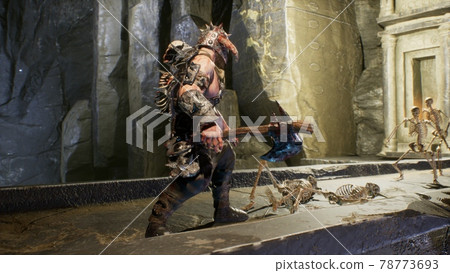 An ancient formidable warrior fights terrible skeletons in a stone castle. The image is designed for military, historical and fantasy backgrounds. 3D Rendering. An ancient formidable warrior fights terrible skeletons in a stone castle. The image is designed for military, historical and fantasy backgrounds. 3D Rendering. 78773693