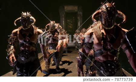 Ancient strong warriors return home after battle. The image is designed for military, historical and fantasy backgrounds. 3D Rendering. 78773739