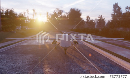 A military spy drone stands on the road waiting for takeoff. The image is for military, the weapon or spying backgrounds. View of a military drone spy ready for military action. 3D Rendering. 78773777