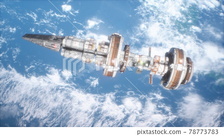 Space futuristic station flies over the planet Earth. The image is for fantastic, the futuristic or space travel backgrounds. 3D Rendering. View of the spacecraft in the space. 78773783