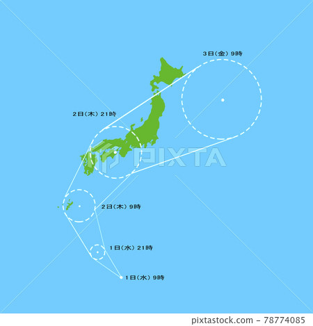 [颱風圖像] 颱風信息。襲擊日本列島的颱風的預期路線圖。 78774085