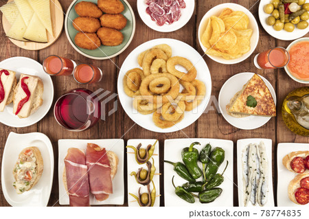 The food of Spain. Overhead photo of many different Spanish tapas 78774835