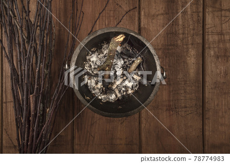 Overhead photo of witch's cauldron with broom and copy space Overhead photo of witch's cauldron with broom and copy space 78774983