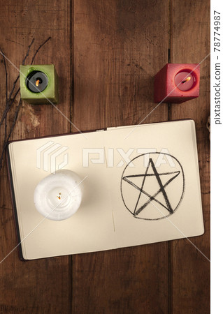 Overhead photo of open grimoire and candles, Wicca symbols 78774987
